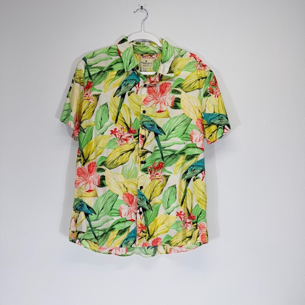 American Eagle RARE Tropical Parrot Hibiscus Button Down Shirt XL 25" Pit to Pit